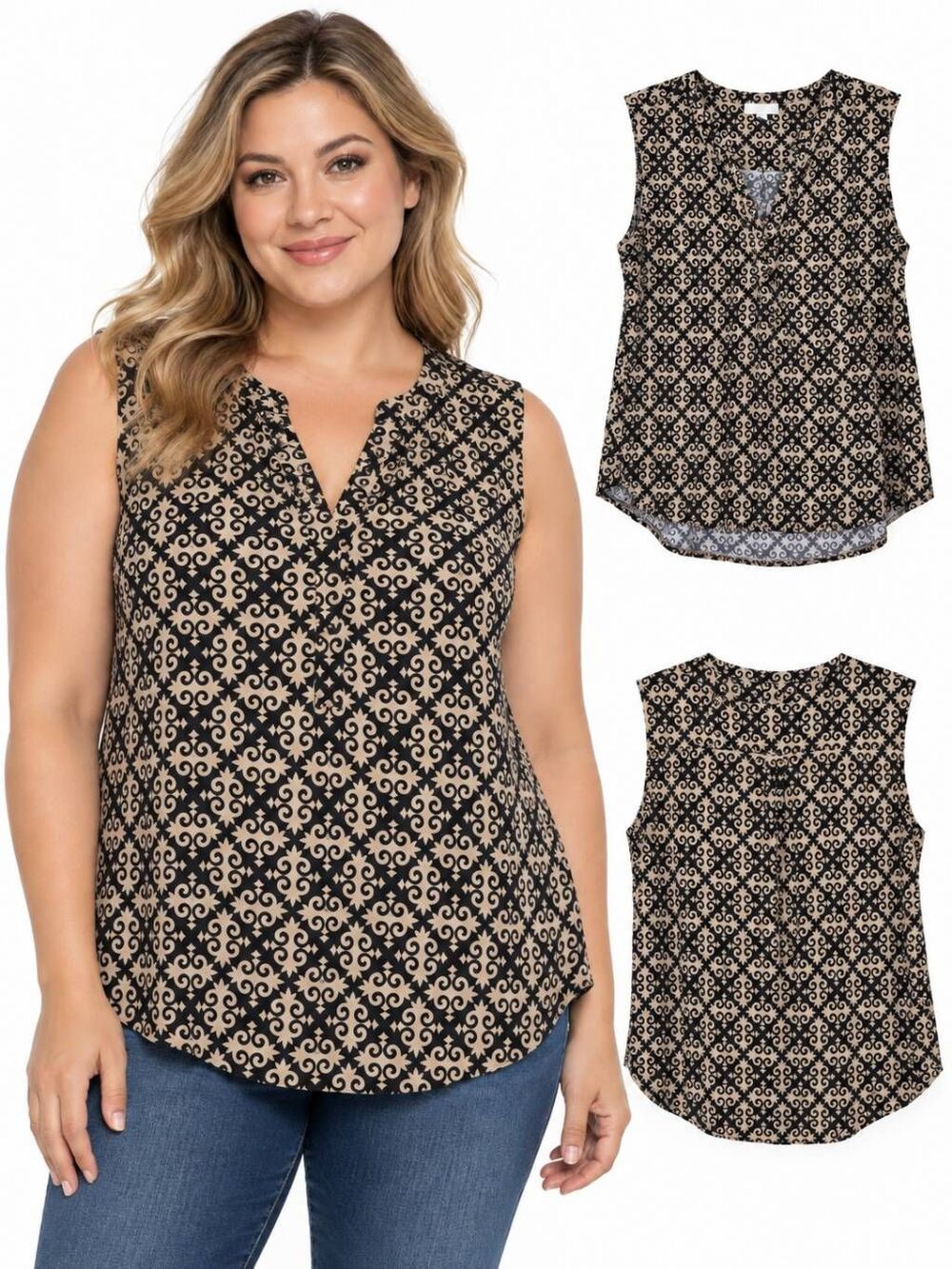 Dana Buchman Black Tan Scroll Print Sleeveless Blouse XL